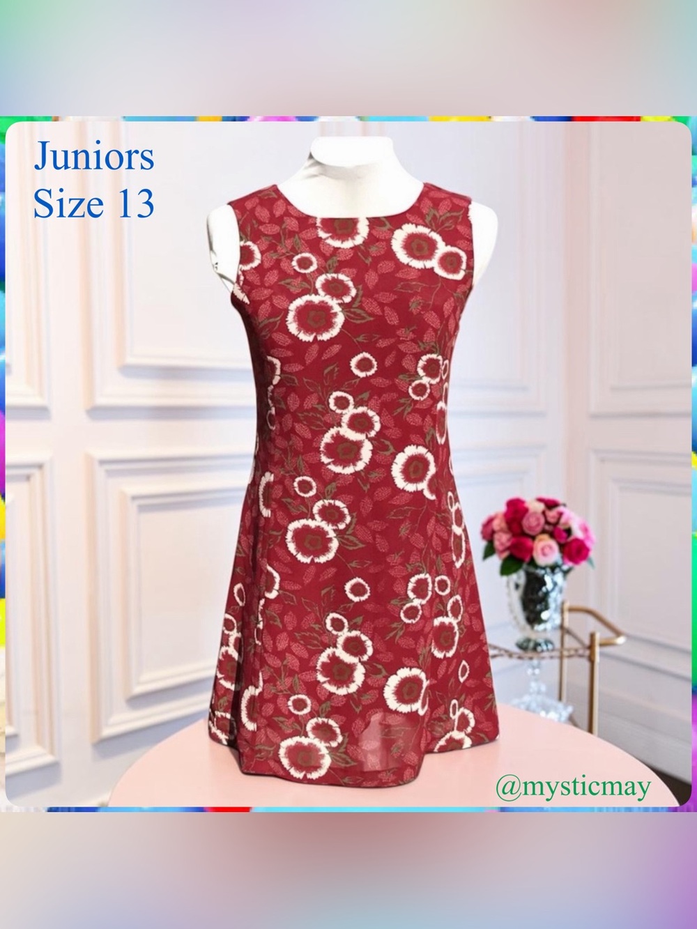 Juniors Sleeveless High Neck Burgundy Red Floral Print Shift Dress Size 13 / XL